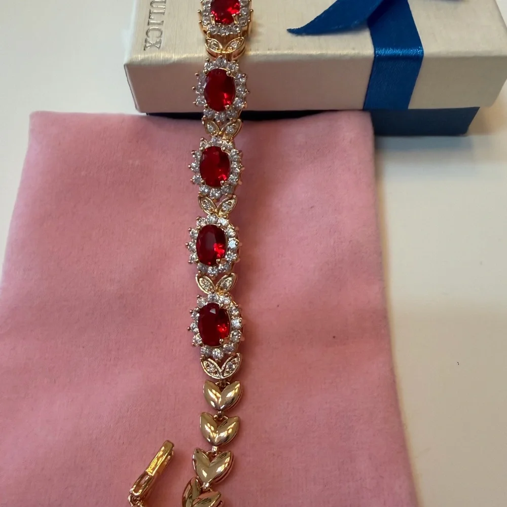 #336 Luxurious Red and Gold Bracelet and Earrings. CZ and Gold Plated. - Picture 7 of 8